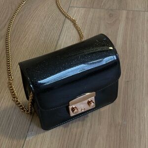 Mini Square Handbag in Black Sparkly Faux Leather with Gold Chain Strap